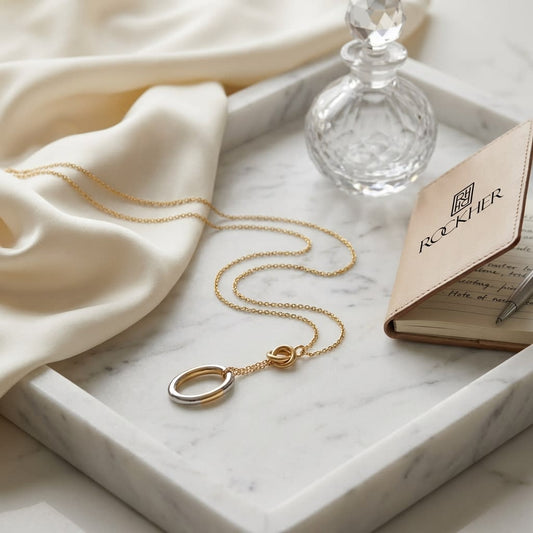 14K Two-Tone Gold Y Necklace with White Gold Pendant, 17 Inch, on marble vanity tray with silk