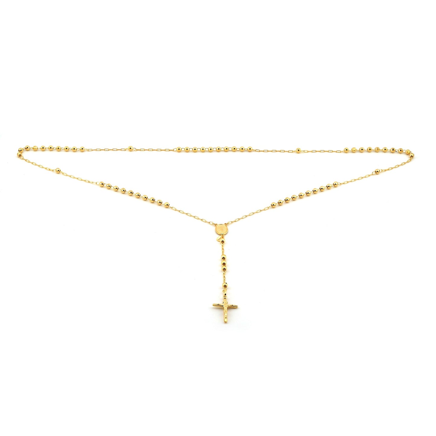 14K Yellow Gold Beaded Station Chain with Cross, 26 Inch – detail view | RockHer