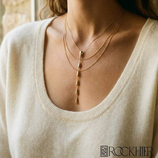14K Yellow Gold Pear Link Y Necklace, 18 Inch, worn close-up portrait