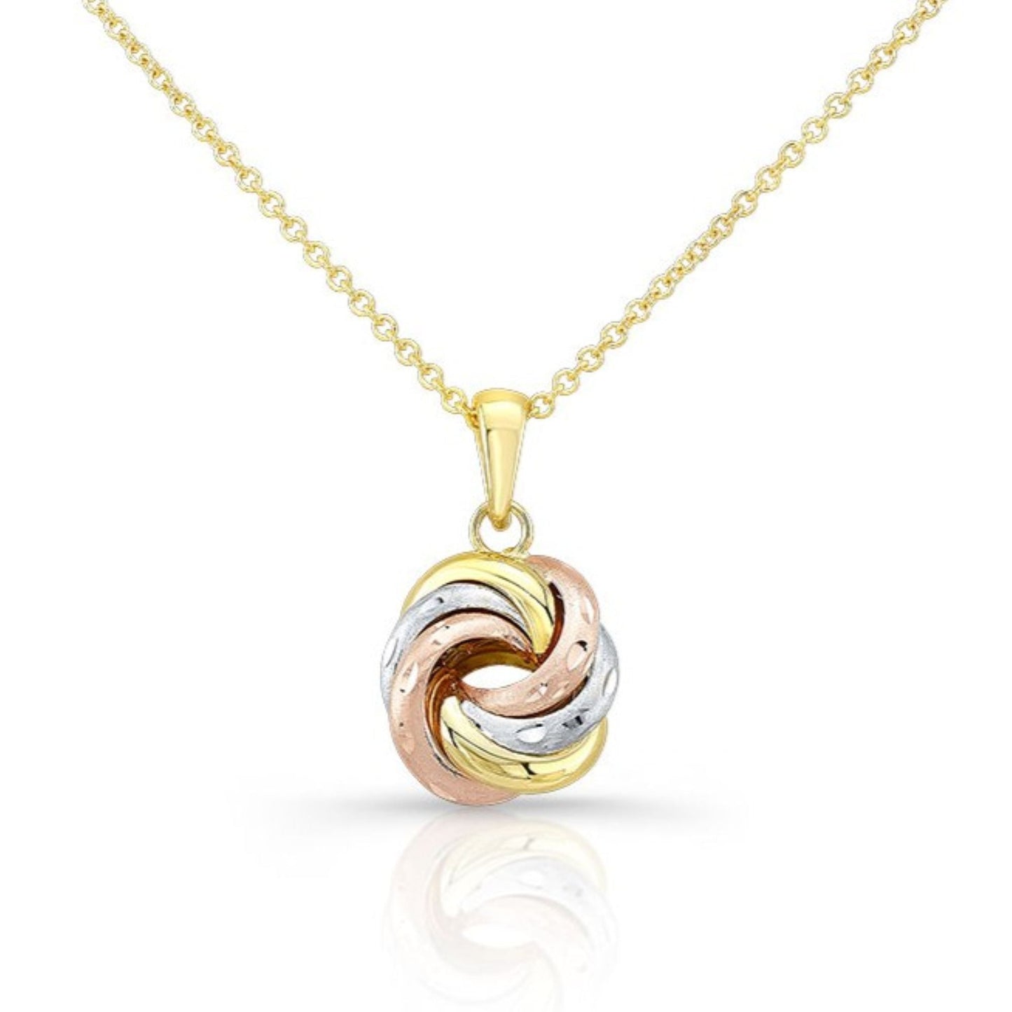 14K Tri-Color Gold Love Knot Pendant Necklace, 18 Inch – detail view | RockHer
