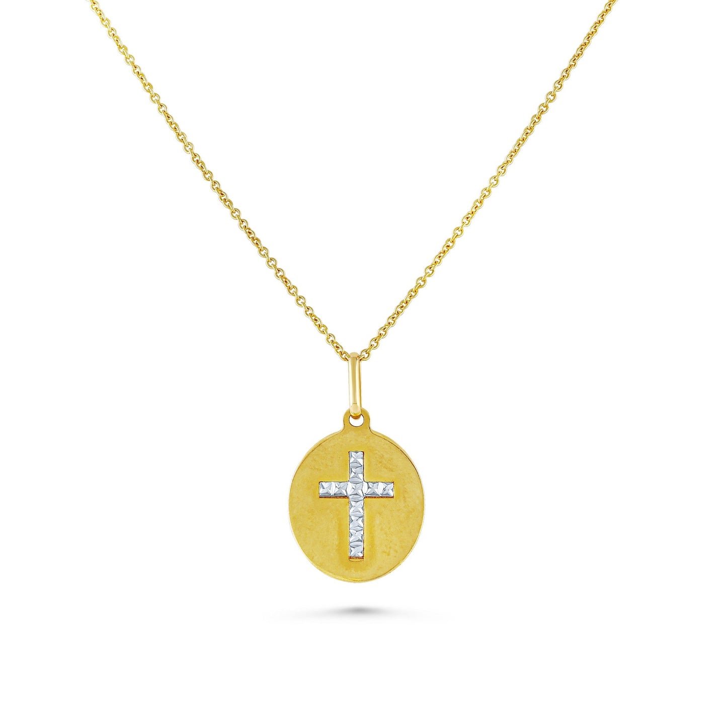 14K Yellow Gold Round Medal with Cross Necklace, 17.5 Inch – detail view | RockHer