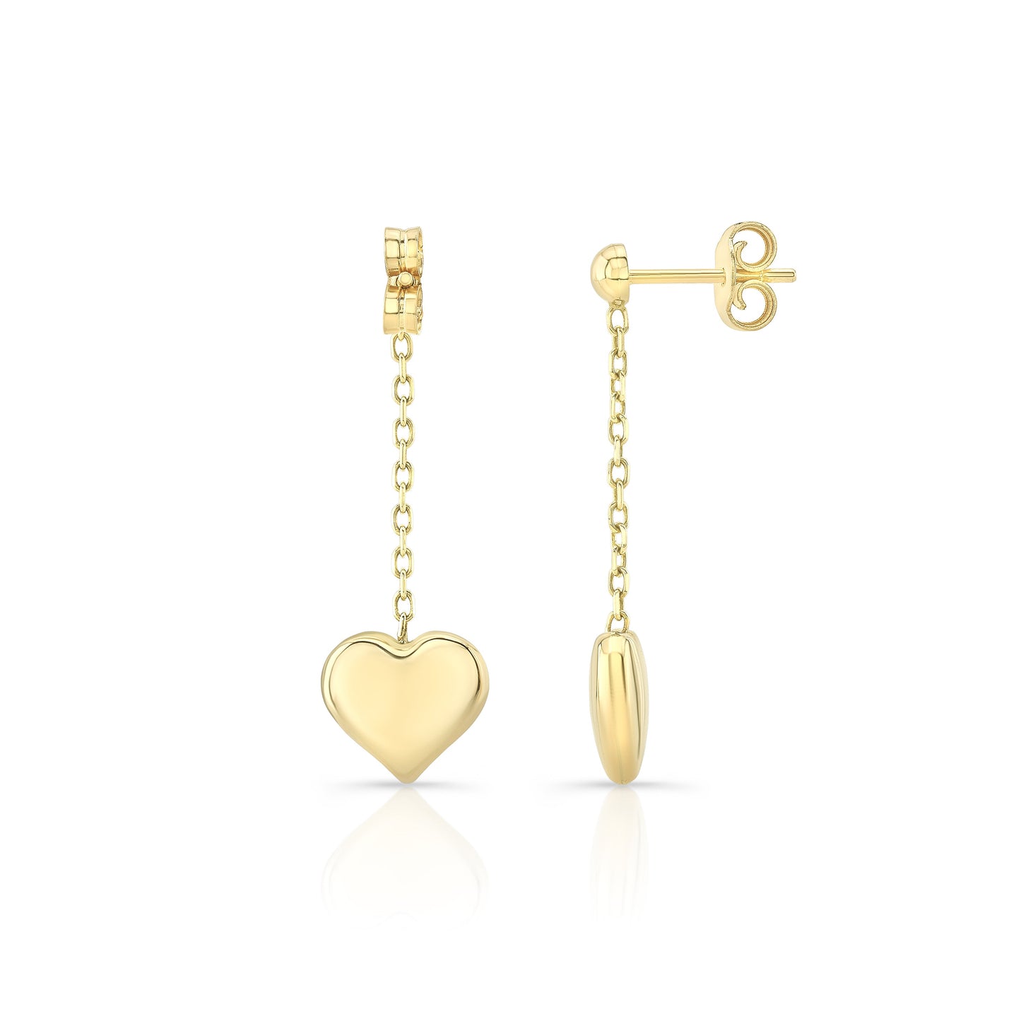 14K Yellow Gold Heart Dangle Stud Earrings – detail view | RockHer
