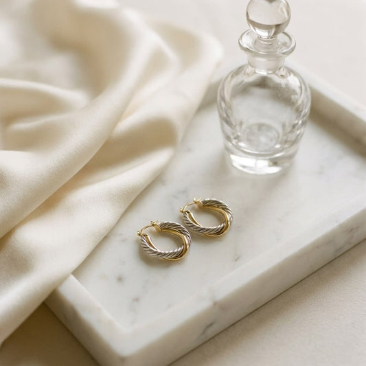 14K Two-Tone Gold Ribbed Hoop Earrings, on marble vanity tray with silk