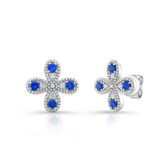 Sapphire and Diamond Clover Floral Stud Earrings in 14k White Gold 0.08ctw