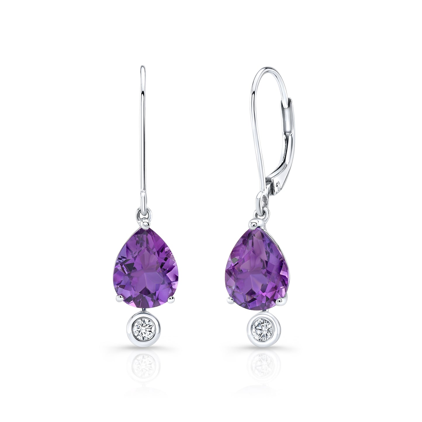 Amethyst and Bezel Diamond Teardrop Leverback Earrings in 14k White Gold 0.12ctw
