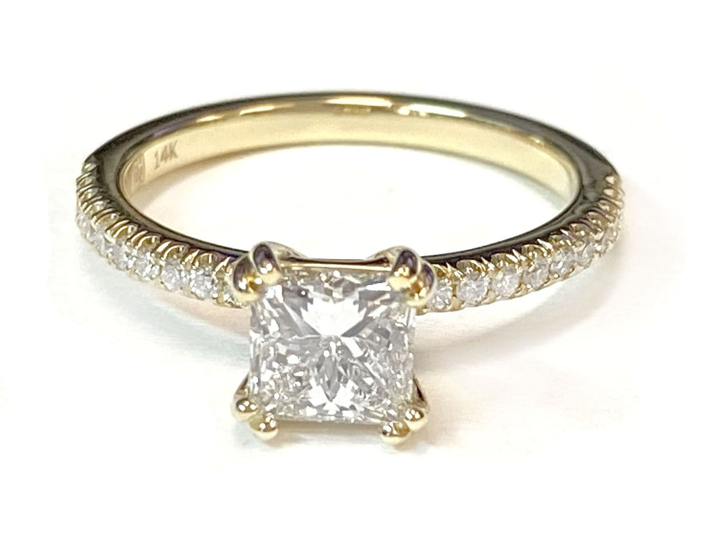 Platinum Princess Cut Diamond Simple French Pave Double Claw Prong Engagement Ring -1/6ctw