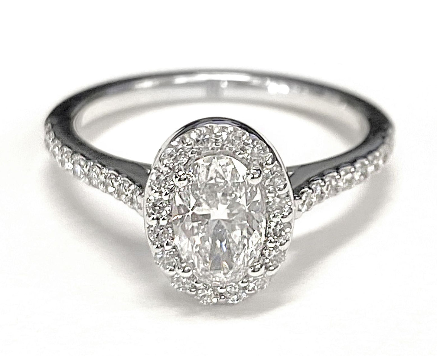 Platinum Oval Classic French Pave Diamond Halo and Linear Engagement Ring -1/3ctw