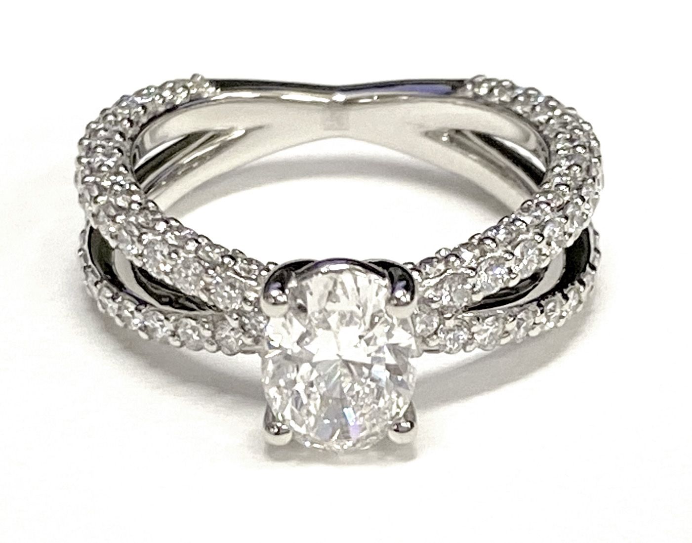 14K White Gold Oval Open Diamond Pave Criss Cross Engagement Ring -1-1/3ctw