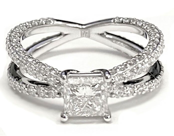 18K Yellow Gold Princess Cut Open Diamond Pave Criss Cross Engagement Ring -1-1/3ctw