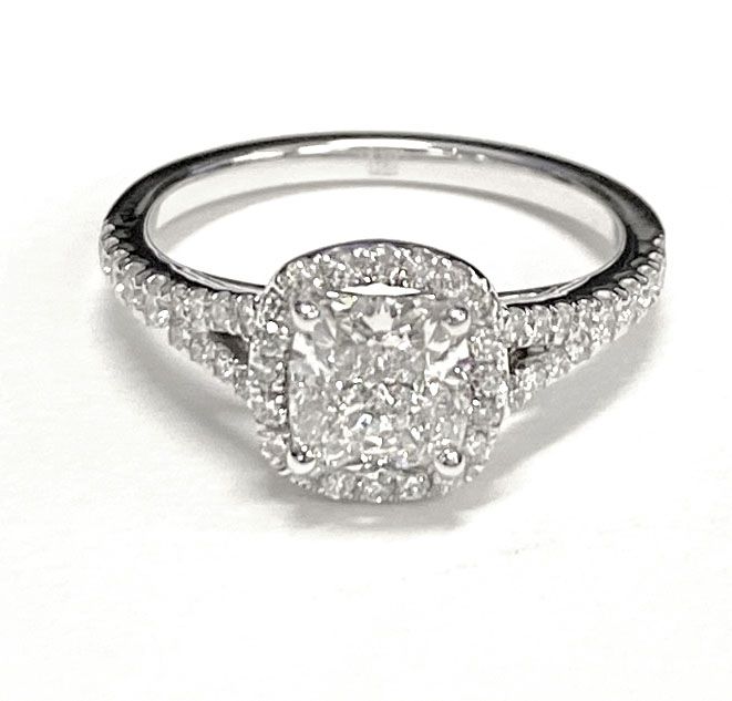 18K Yellow Gold Cushion French Pave Split Shank Halo Engagement Ring -1/4ctw