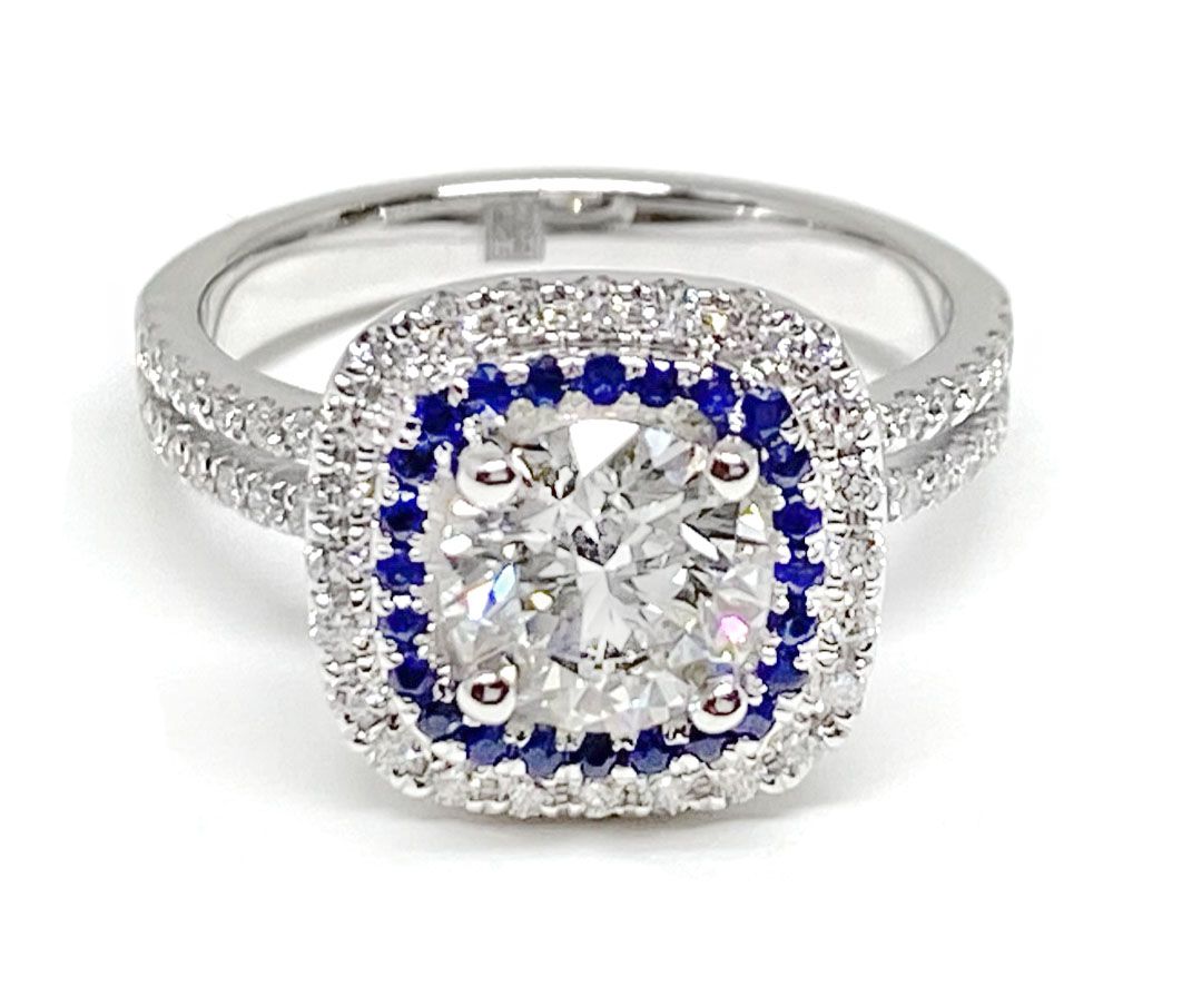 14K White Gold Round Brilliant Linear Double Row Halo Diamond Engagement Ring -3/8ctw