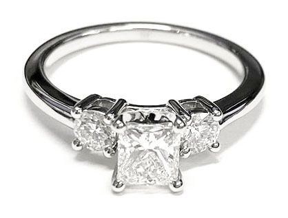 14K White Gold Princess Cut Diamond Perfectly Matched Round Three Stone Diamond Engagement Ring -1/4ctw