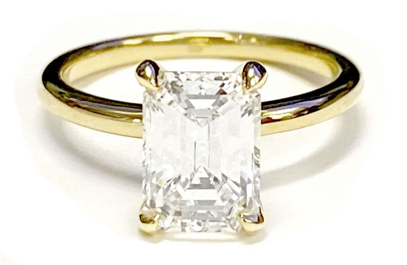 Platinum Emerald Cut Round Comfort Fit Claw Prong Solitaire Engagement Ring