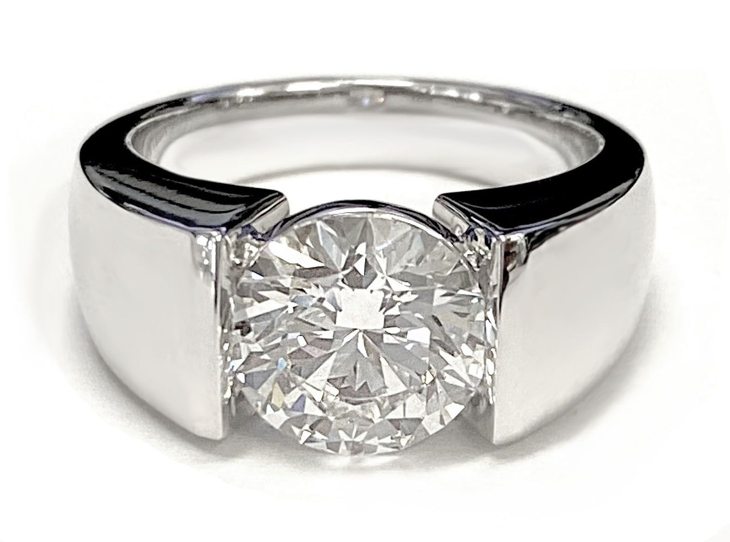 18K Yellow Gold Round Brilliant Wide High Polish Band Tension Set Solitaire Engagement Ring