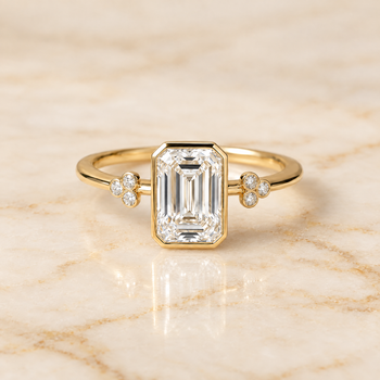 The Selena Clover Bezel Accent Solitaire Radiant Cut Engagement Ring Setting in 18K Yellow Gold
