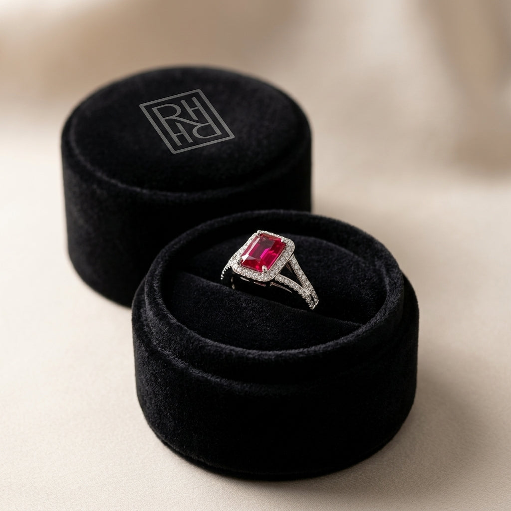 Ruby Emerald Cut & Diamond Ring in 18K White Gold - presentation