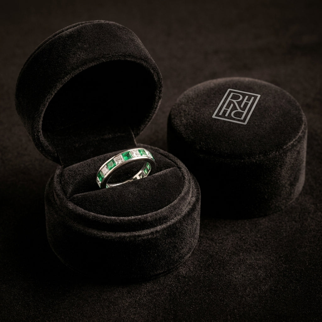 Emerald & Diamond Princess Cut Eternity Band in 18K White Gold - presentation