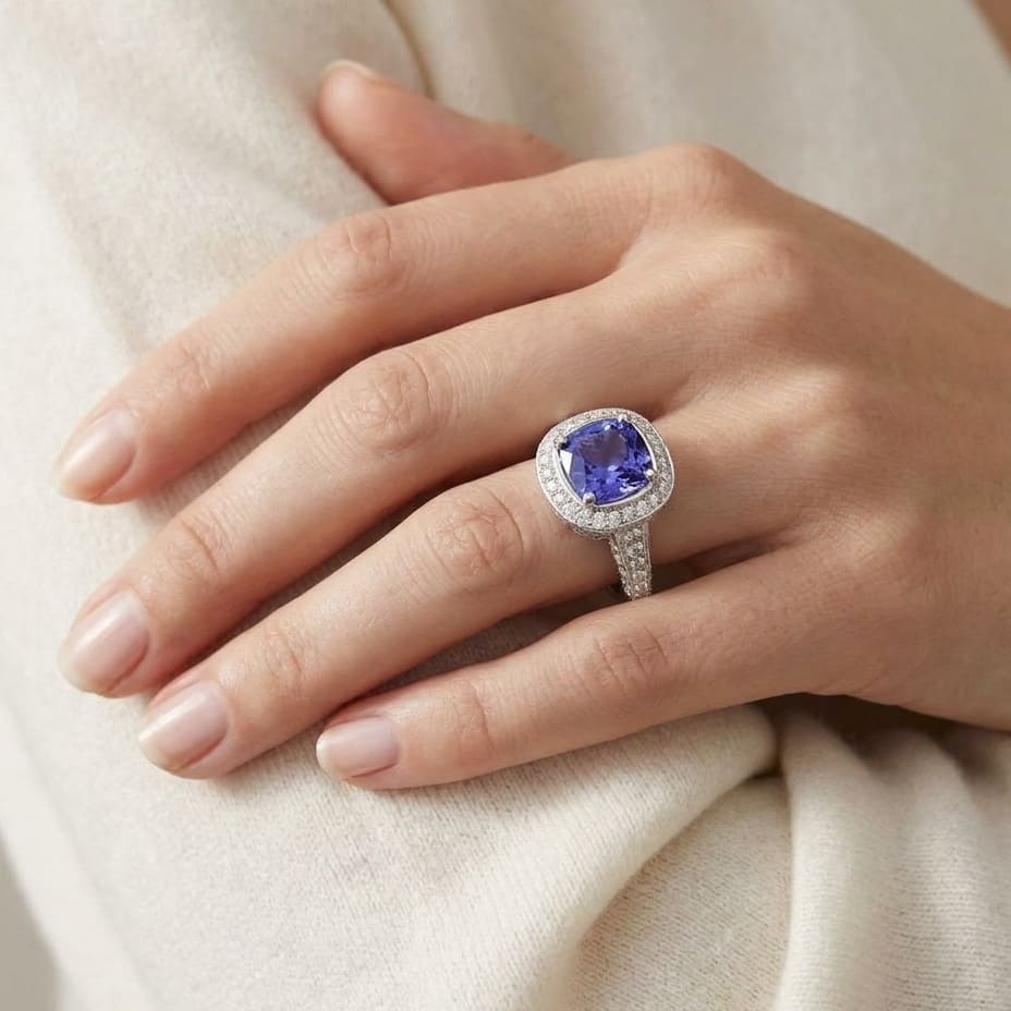 Cushion Sapphire and Diamond Pavé Halo Ring in 18K White Gold, 3.10ct, worn on hand, close-up