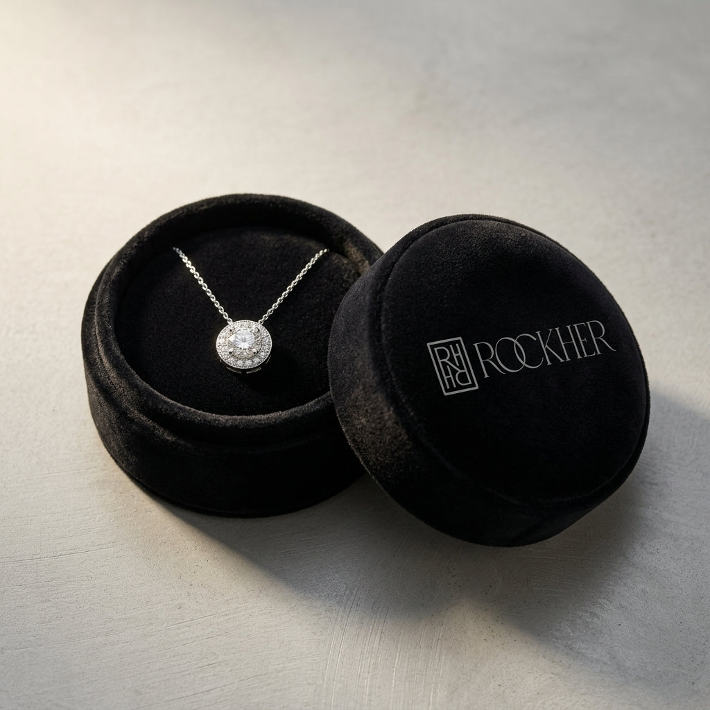 Diamond Round Halo Pendant in 18K White Gold - presentation