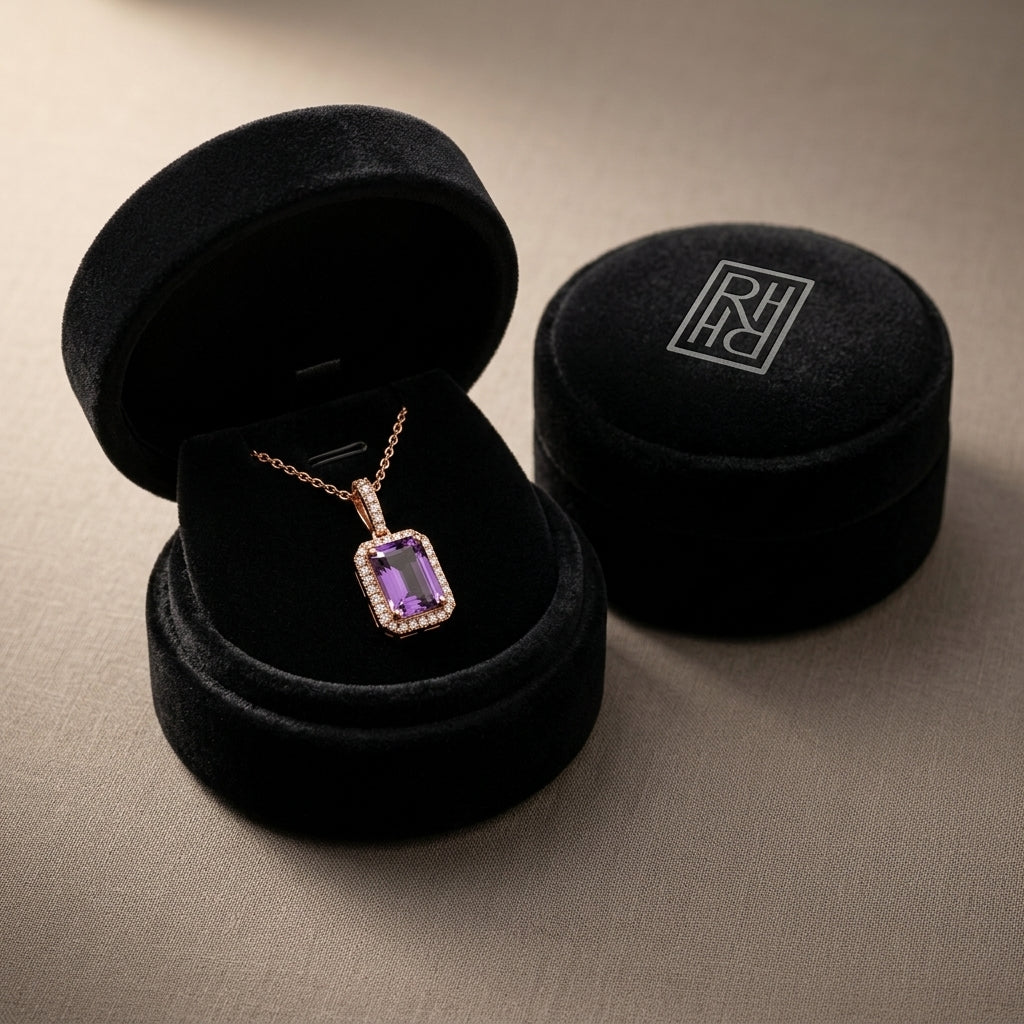 Amethyst & Diamond Emerald-Cut Halo Pendant in 14K Rose Gold - presentation