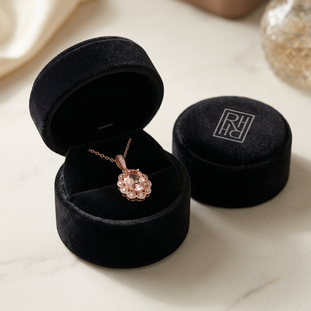 Oval Pink Tourmaline & Diamond Halo Pendant in 14K Rose Gold - presentation