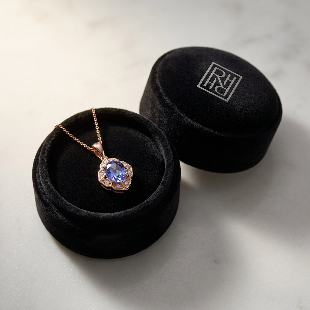 Oval Tanzanite, & Diamond Pendant in 14K Rose Gold - presentation