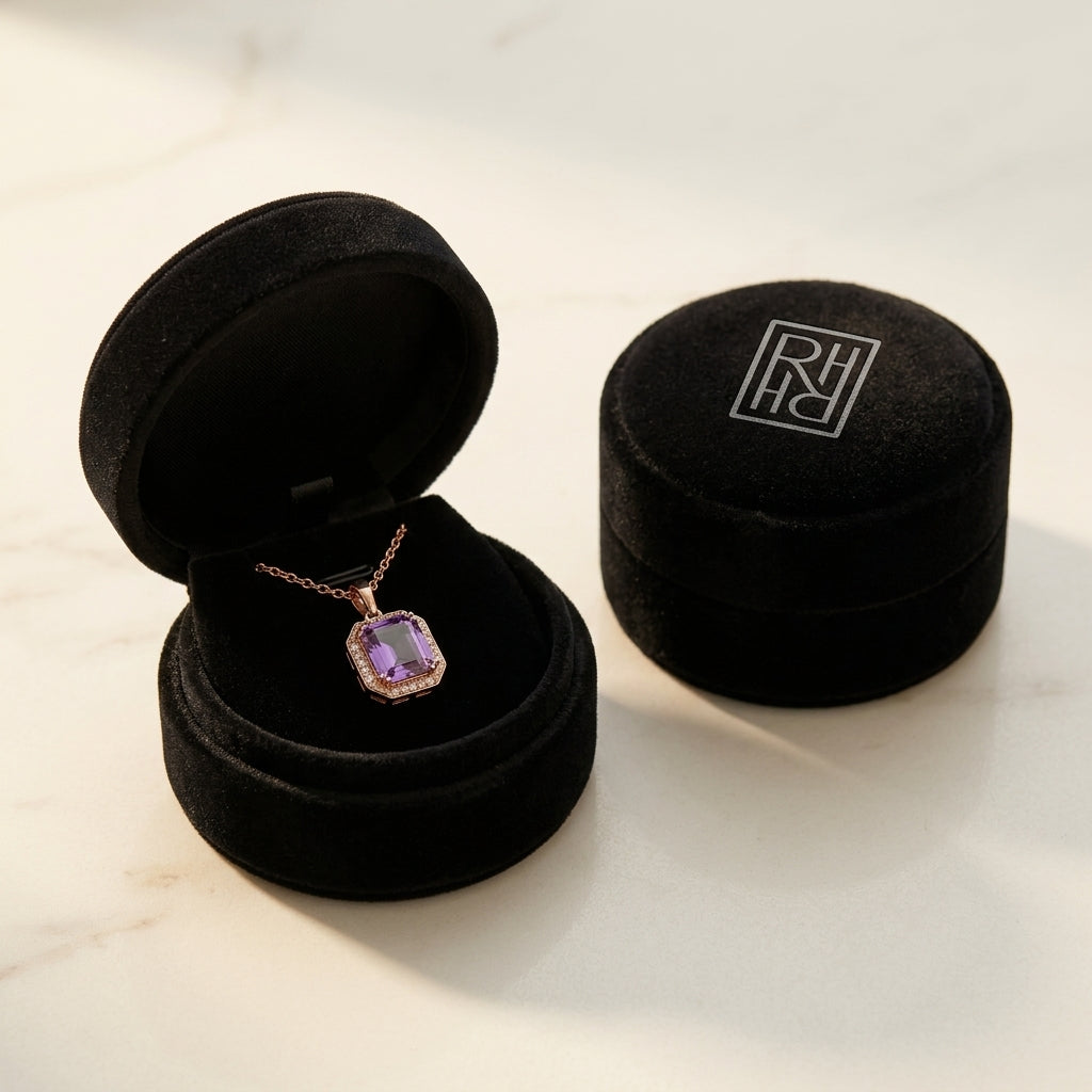Amethyst Octagon East-West Pendant with Pave & High Polish Frame in 14K Rose Gold - presentation