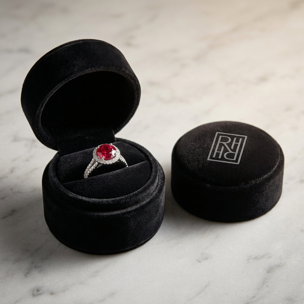 Ruby & Diamond Pave Halo Ring in 14K White Gold - presentation