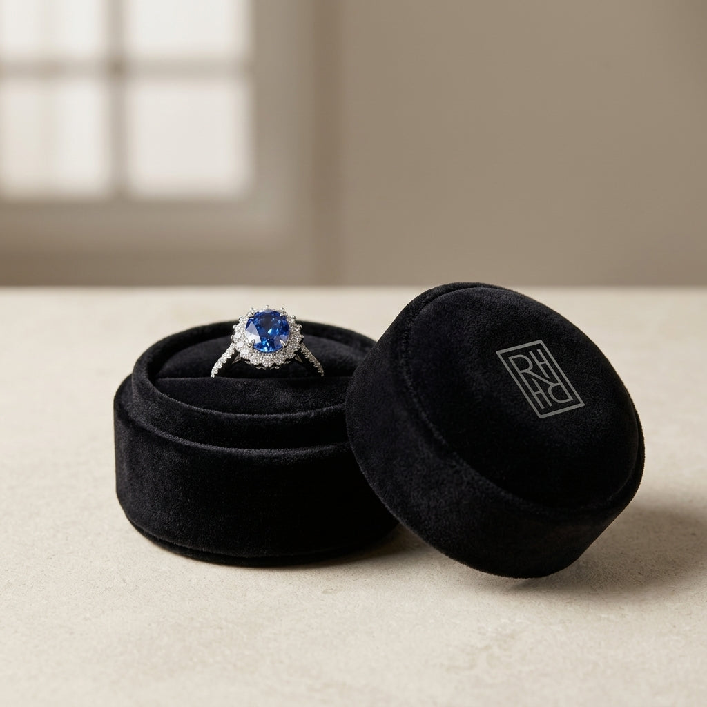 Sapphire & Diamond Oval Ring with Prong-Set Frame & Graduated Shank in 14K White Gold - presentation