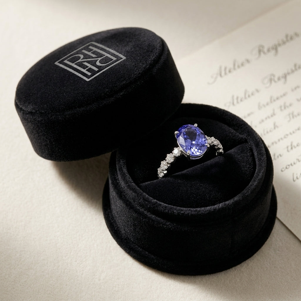 Tanzanite Oval Floating Diamond Ring 1/3ctw in 14K White Gold - presentation