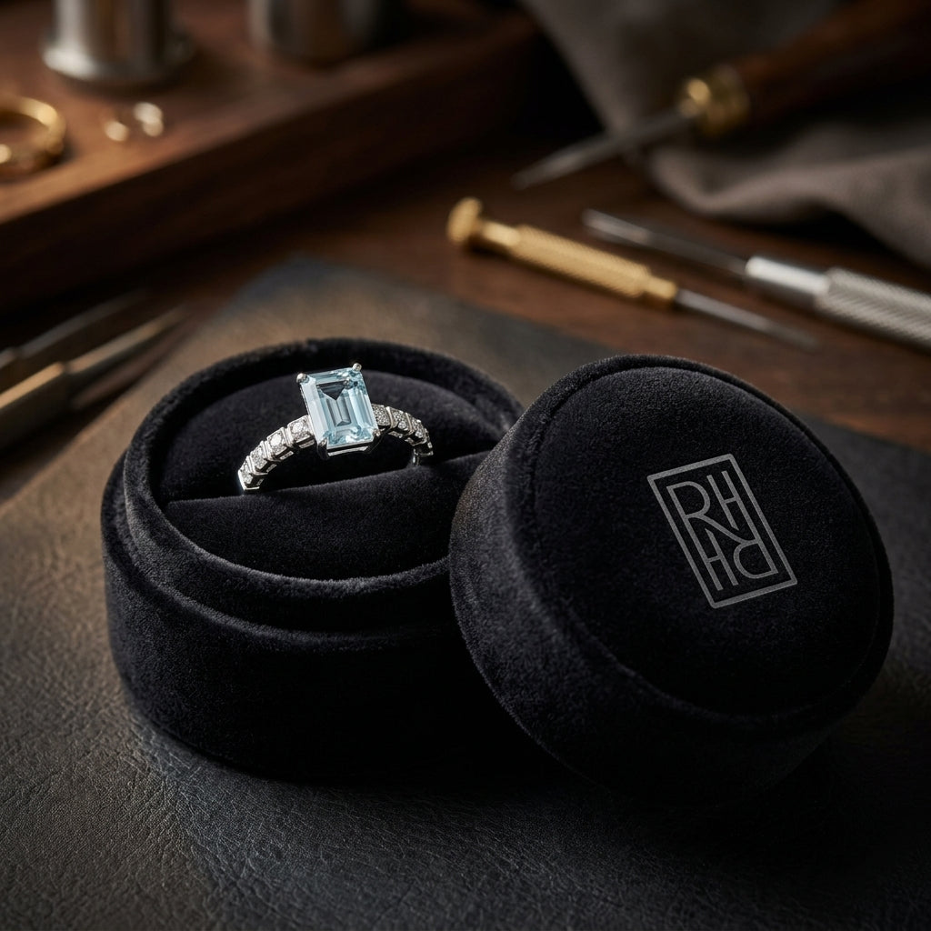 Aquamarine & Diamond Corrugated Shank Ring 1/12ctw in 14K White Gold - presentation