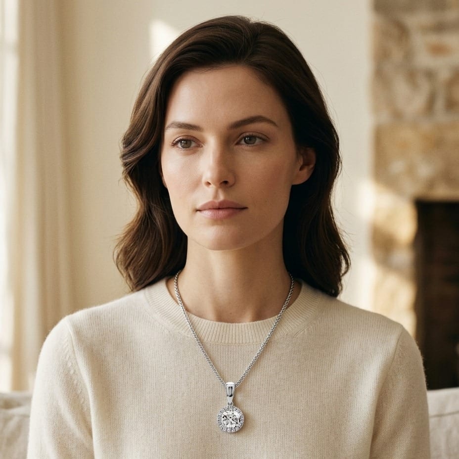 Diamond Halo Pendant with 17 Inch Wheat Chain in 14K White Gold - lifestyle