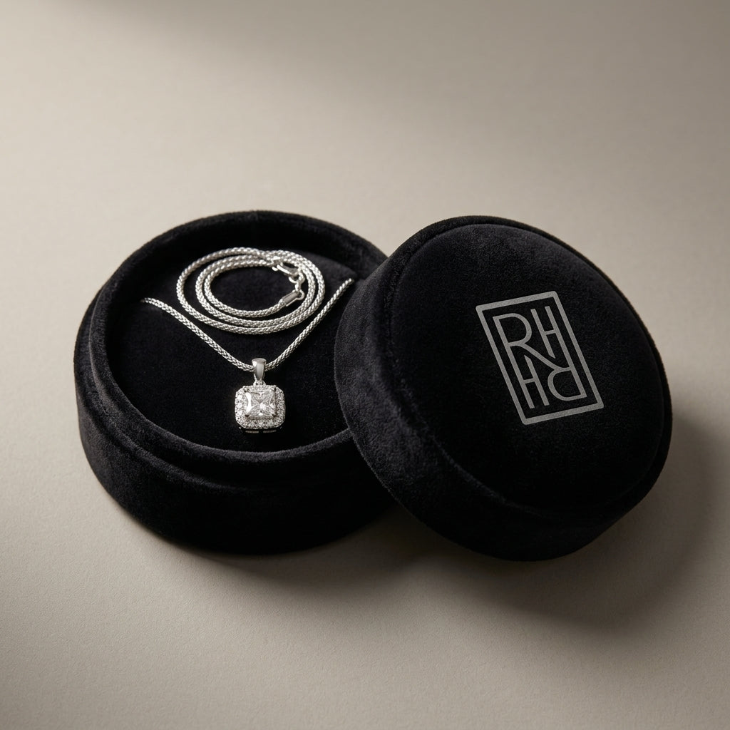 Blue Sapphire Asscher Halo Pendant 17-Inch Chain in 14K White Gold - presentation