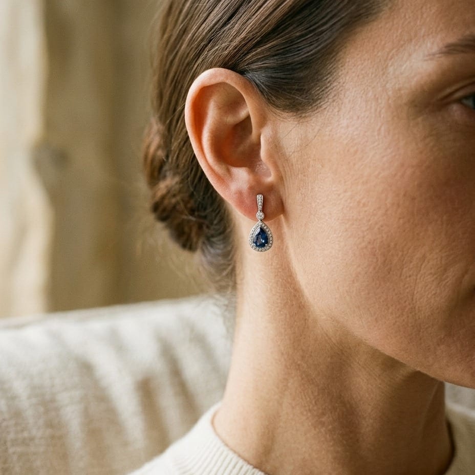 Sapphire & Diamond Teardrop Halo Pendant with Studded Bail in 14K White Gold - editorial