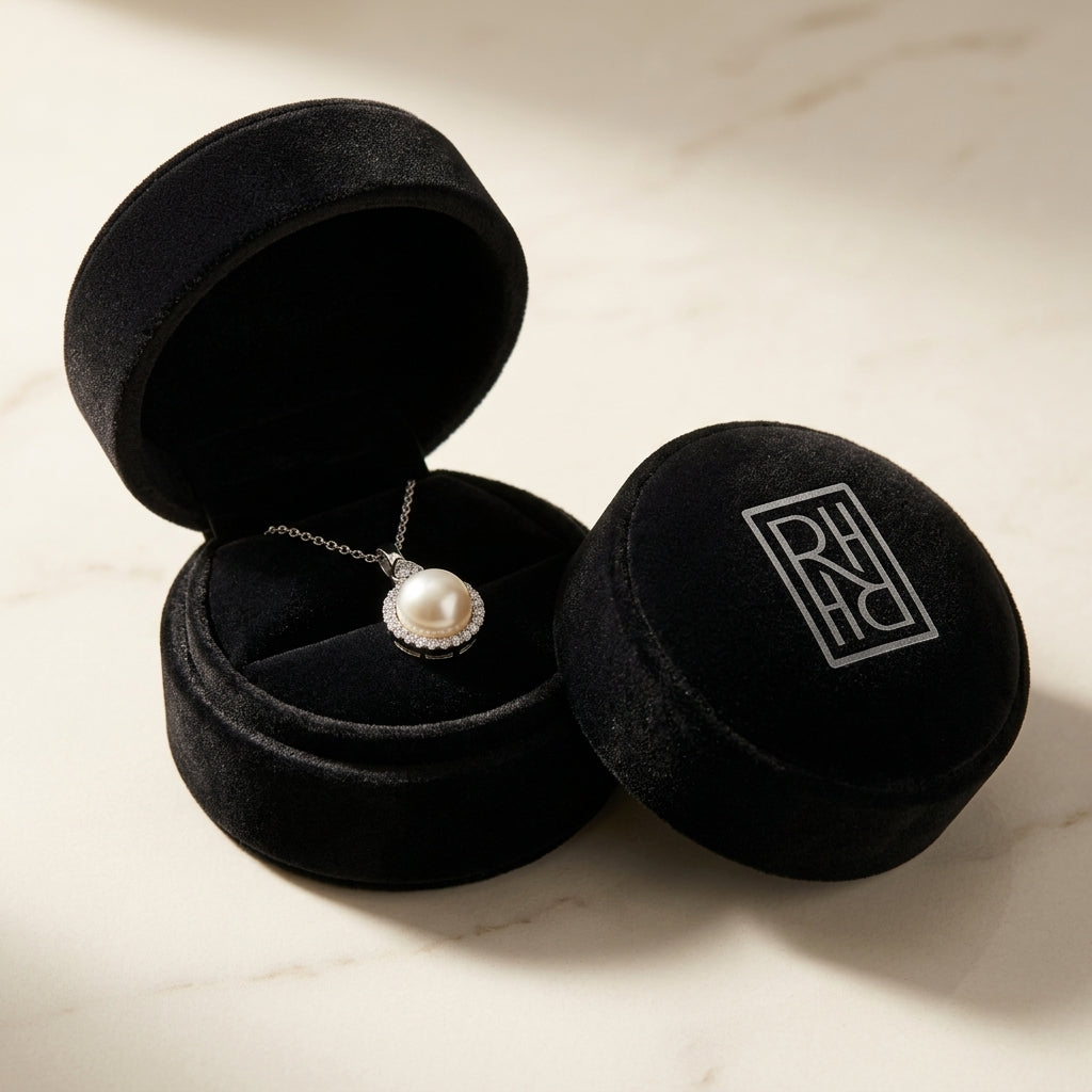 Fresh Water Pearl & Diamond Halo Pendnat in 14K White Gold - presentation