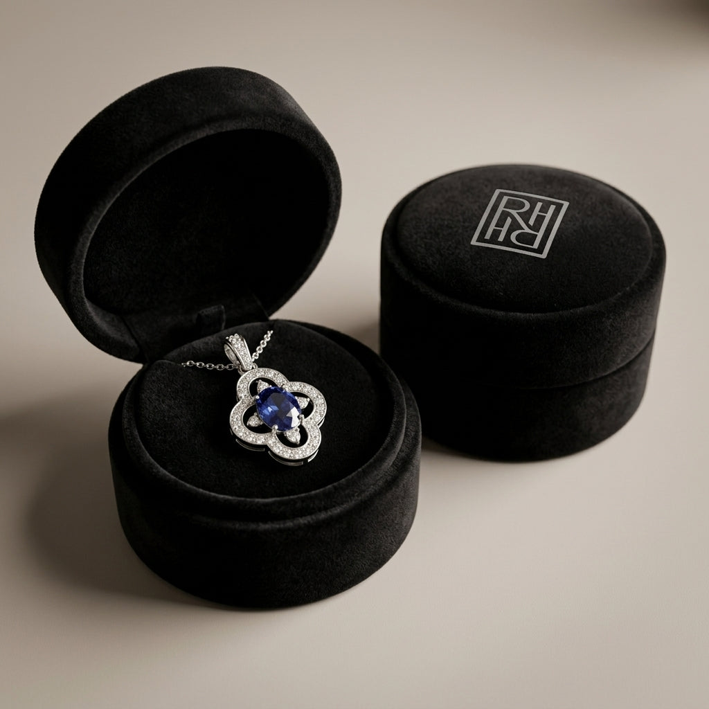 Sapphire & Diamond Oval Floral Pendant 1/7ctw 18-in Adj Rolo Ch in 14K White Gold - presentation