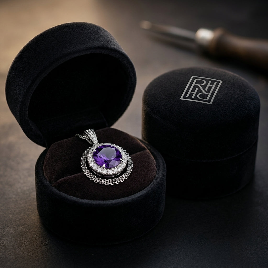 Amethyst & Diamond Round Halo Pendant 1/6ctw Adjustable 16-18 Inch Chain in 14K White Gold - presentation