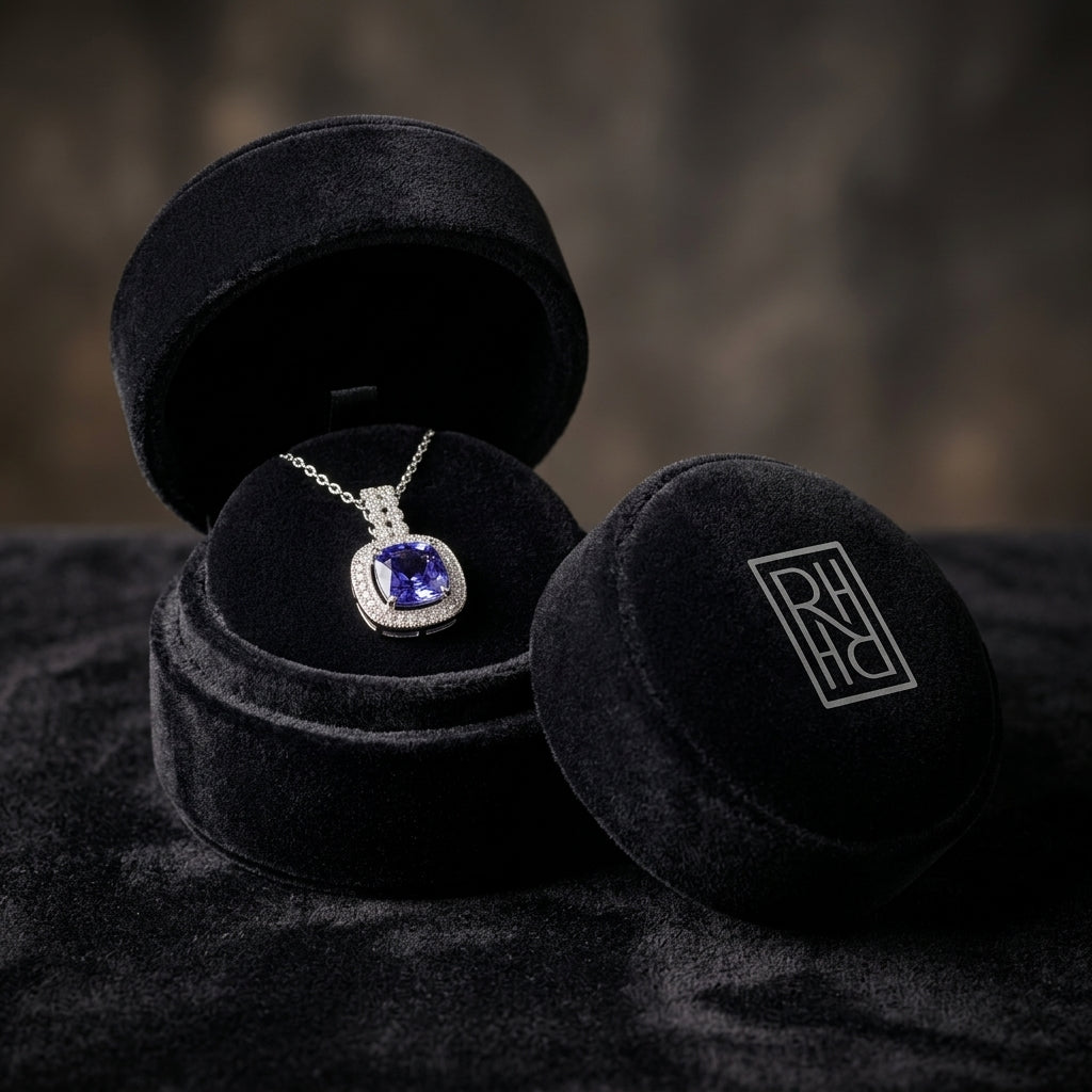 Tanzanite Cushion Halo Diamond Pendant 1/5ctw in 14K White Gold - presentation