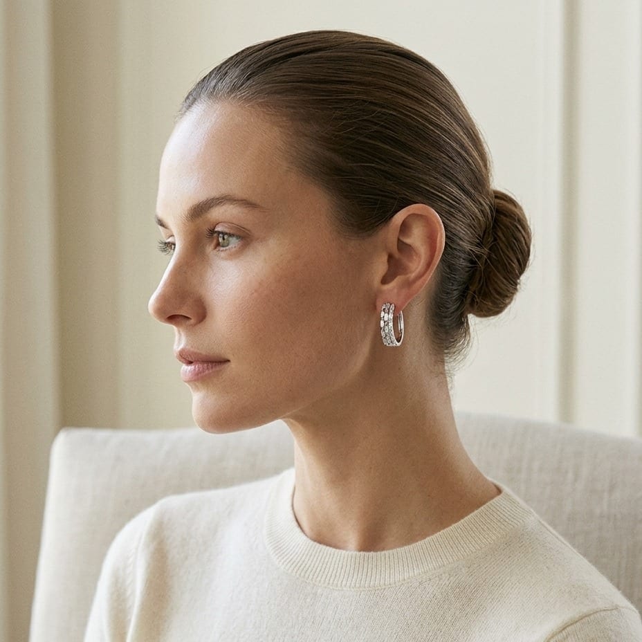 Diamond Baguette & Round Brilliant Multi-Row Oval Hinged Hoop Earring in 14K White Gold - editorial