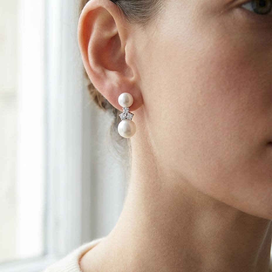 Pearl Pear Shape Stud Earrings in 14K White Gold, worn close-up portrait
