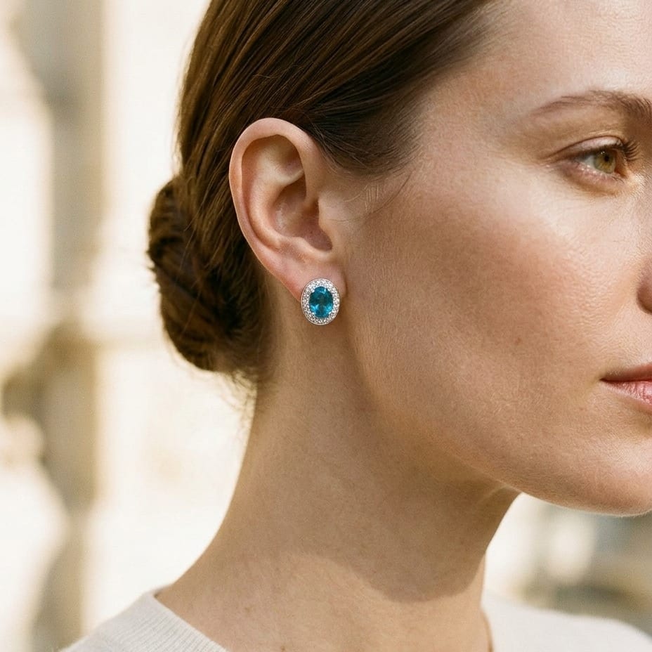 Aquamarine & Diamond Oval Halo Stud Earrings in 14K White Gold - editorial