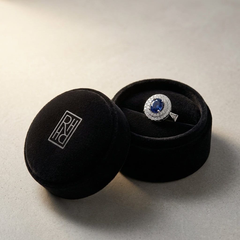 Sapphire & Diamond Double Halo Earrings in 14K White Gold - presentation