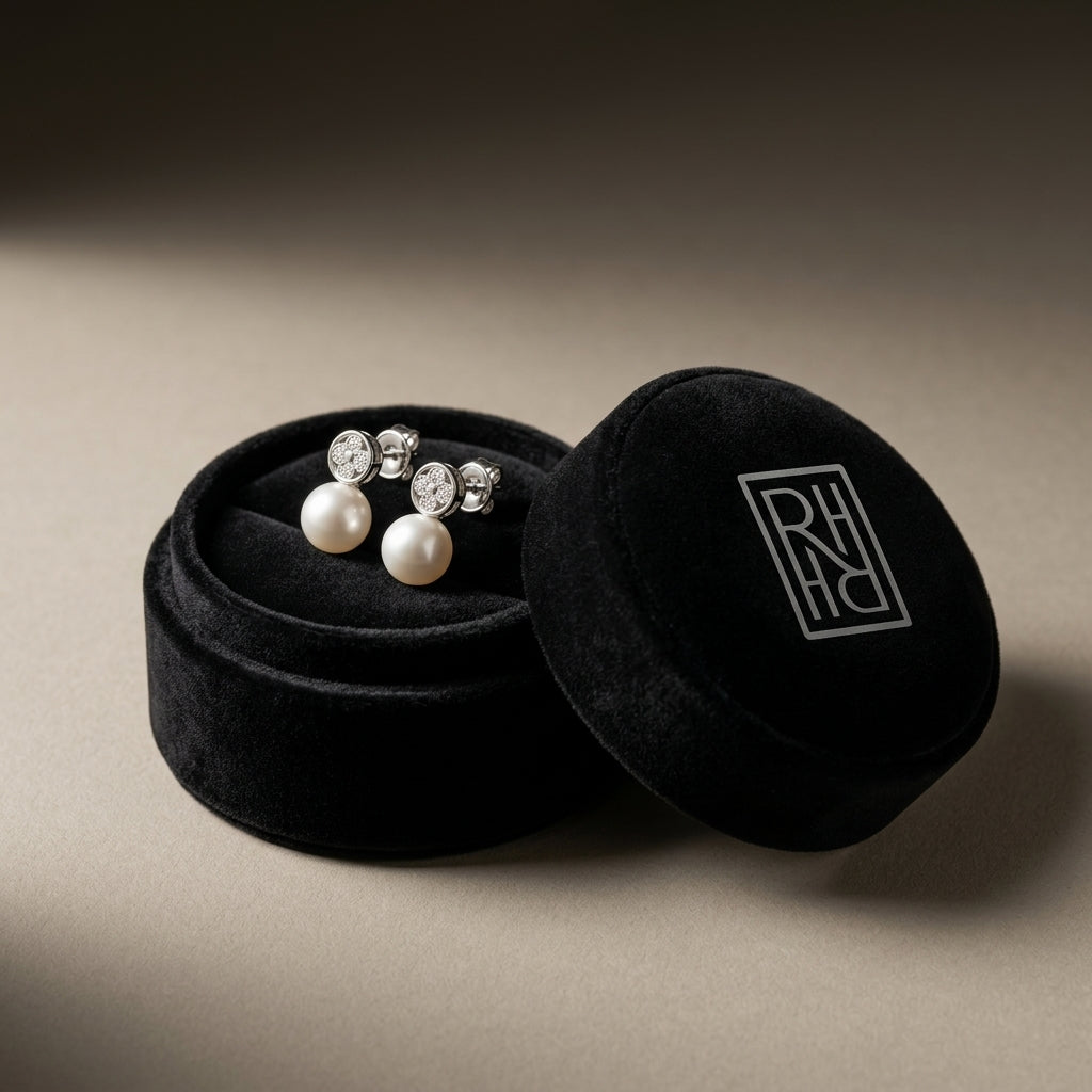 Pearl & Diamond Button Post Drop Earrings in 14K White Gold - presentation