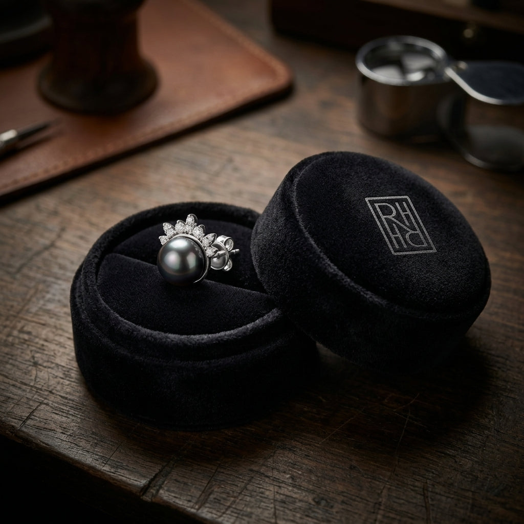Tahitian Pearl & Diamond Flair Earrings 1/6ctw in 14K White Gold - presentation