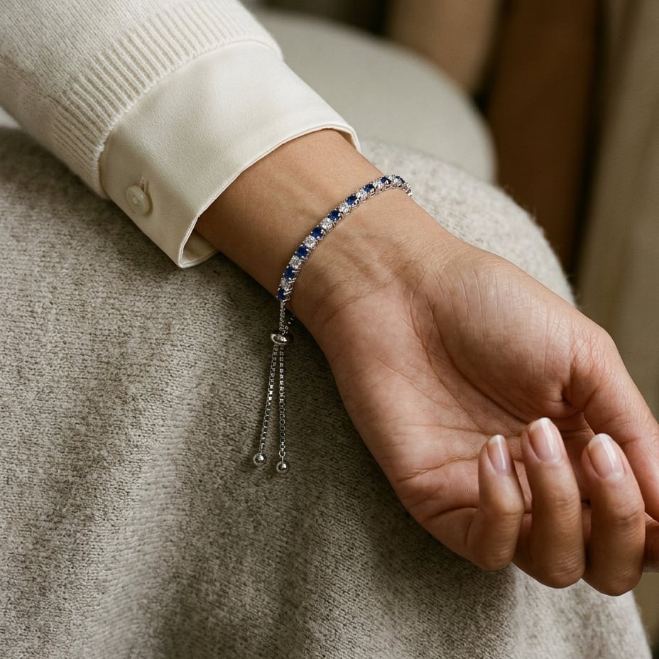 Alternating Sapphire and Diamond Bolo Bracelet in 14k White Gold 2.13ctw, worn close-up portrait