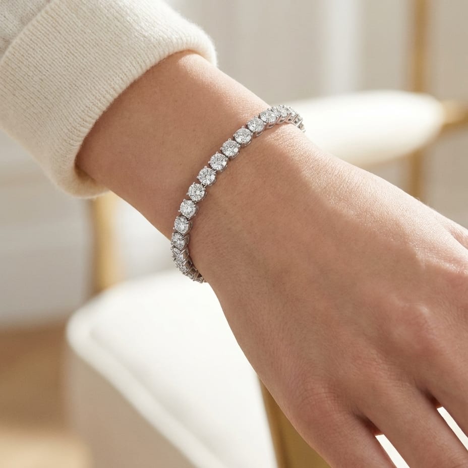 Certified 14K White Gold 3-prong Lab Created Round Brilliant Diamond Tennis Bracelet, worn close-up portrait