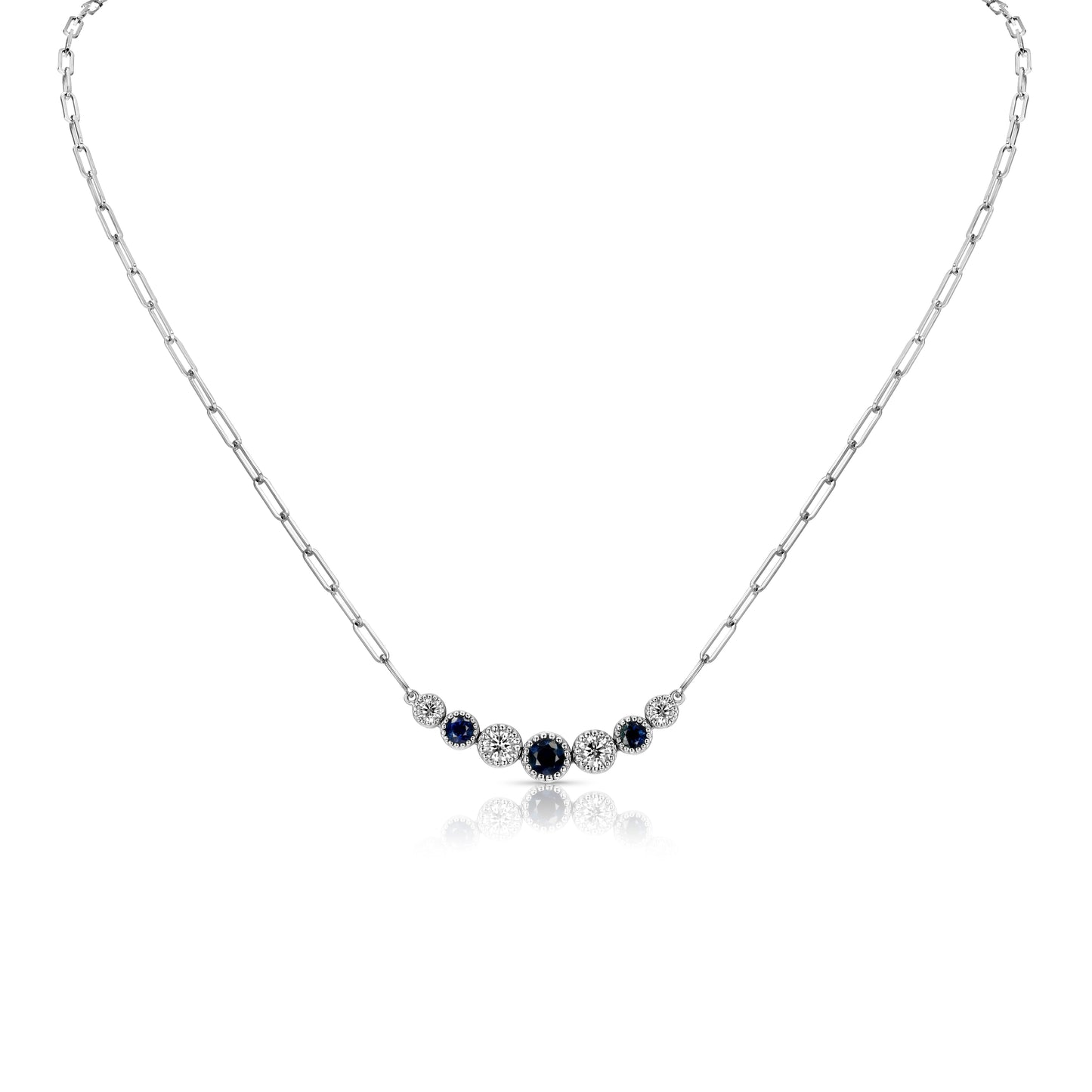 Sapphire And Diamond Graduated 7-stone Necklace With Millgrained Edging In 14k White Gold