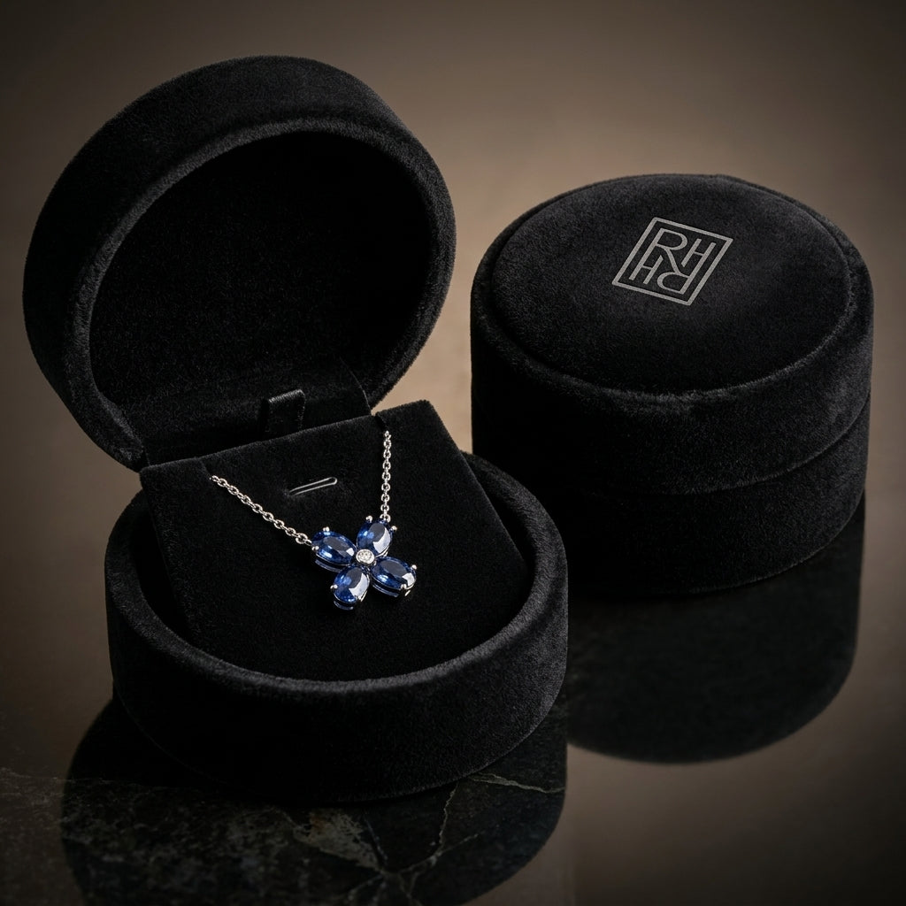 Blue Sapphire & Diamond Necklace Set in 14K White Gold - presentation