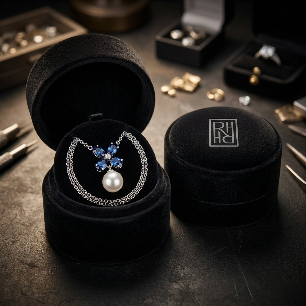 Freshwater Pearl Blue Sapphire & Diamond Floral Necklace in 14K White Gold - presentation