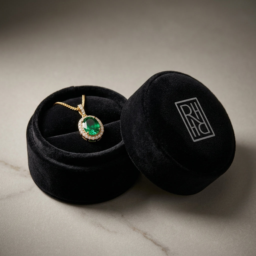 Emerald & Diamond Oval Halo Pendant with Pave Bail in 14K Yellow Gold - presentation